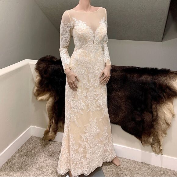 Custom Long Sleeves Embroidered Floral Lace With Sequins and Crystal Beads Gown - Picture 3 of 16